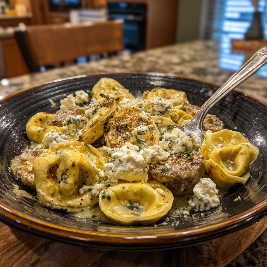 Garlic Steak Tortellini with Blue Cheese Crumbles